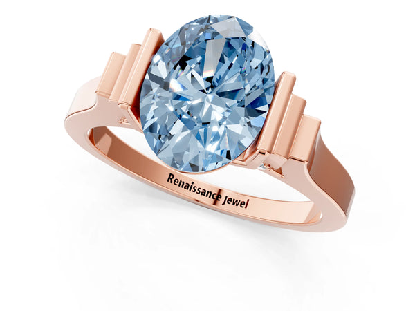 Rose gold Fancy Blue Oval Cut Brilliant Solitaire Diamond Ring with Channel Set Band and Bar Prong Setting