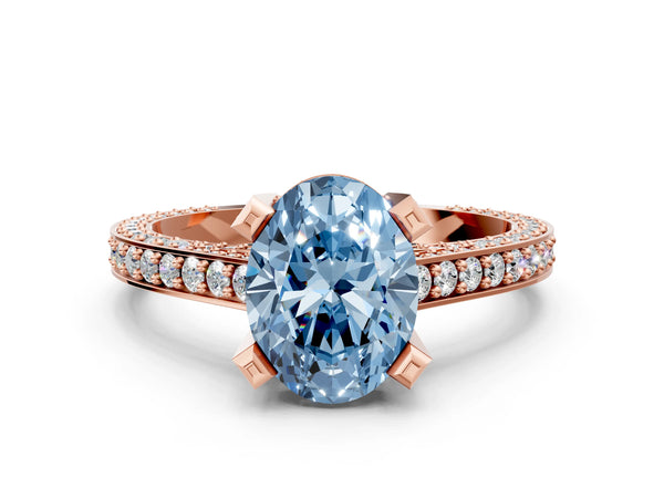 Rose gold Fancy Blue Oval Cut Brilliant Split Shank Pave Solitaire Ring with Four-Prong Setting