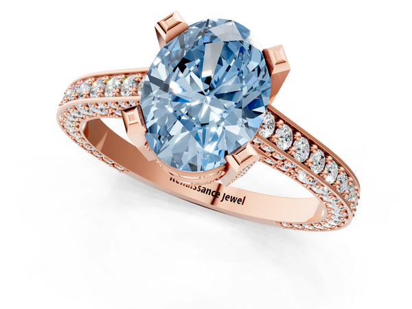 Rose gold Fancy Blue Oval Cut Brilliant Split Shank Pave Solitaire Ring with Four-Prong Setting