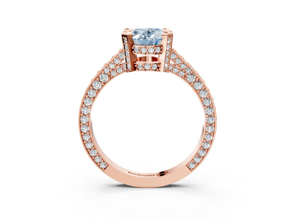 Rose gold Fancy Blue Oval Cut Brilliant Split Shank Pave Solitaire Ring with Four-Prong Setting
