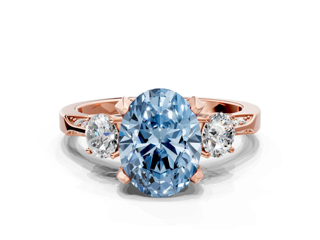 Rose gold Fancy Blue Oval Cut Brilliant Three-Stone Diamond Ring with Pavé Band and Four-Prong Setting_3