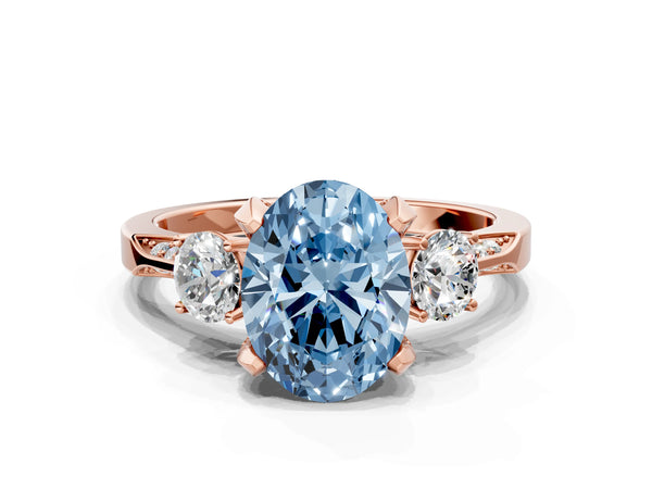 Rose Gold Oval Three Stone Hidden Halo Engagement Ring Setting for Fancy Blue Center