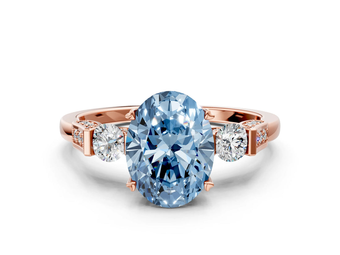 Rose gold Fancy Blue Oval Cut Brilliant Three-Stone Pave Band with Four-Prong Setting