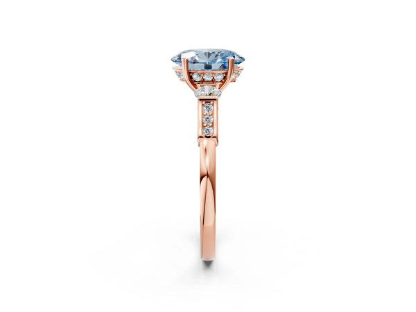 Rose gold Fancy Blue Oval Cut Brilliant Three-Stone Pave Band with Four-Prong Setting