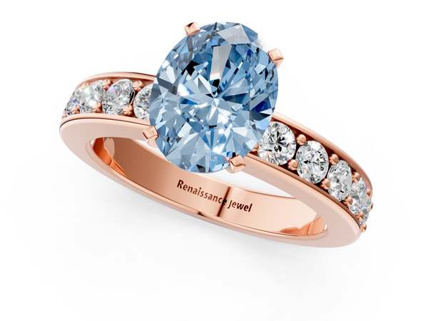 Rose gold Fancy Blue Oval  Cut Channel Set Diamond Engagement Ring with Four-Prong Setting