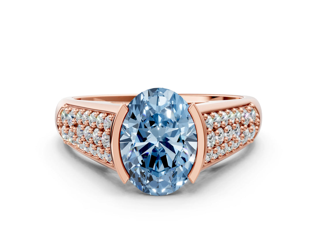 Rose gold Fancy Blue Oval Cut Cut Diamond Channel Set Pave Band with Tension Prong Setting