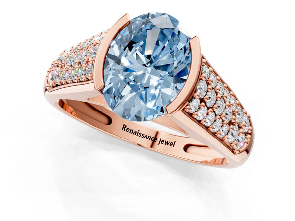 Rose gold Fancy Blue Oval Cut Diamond Channel Set Pave Band with Tension Prong Setting