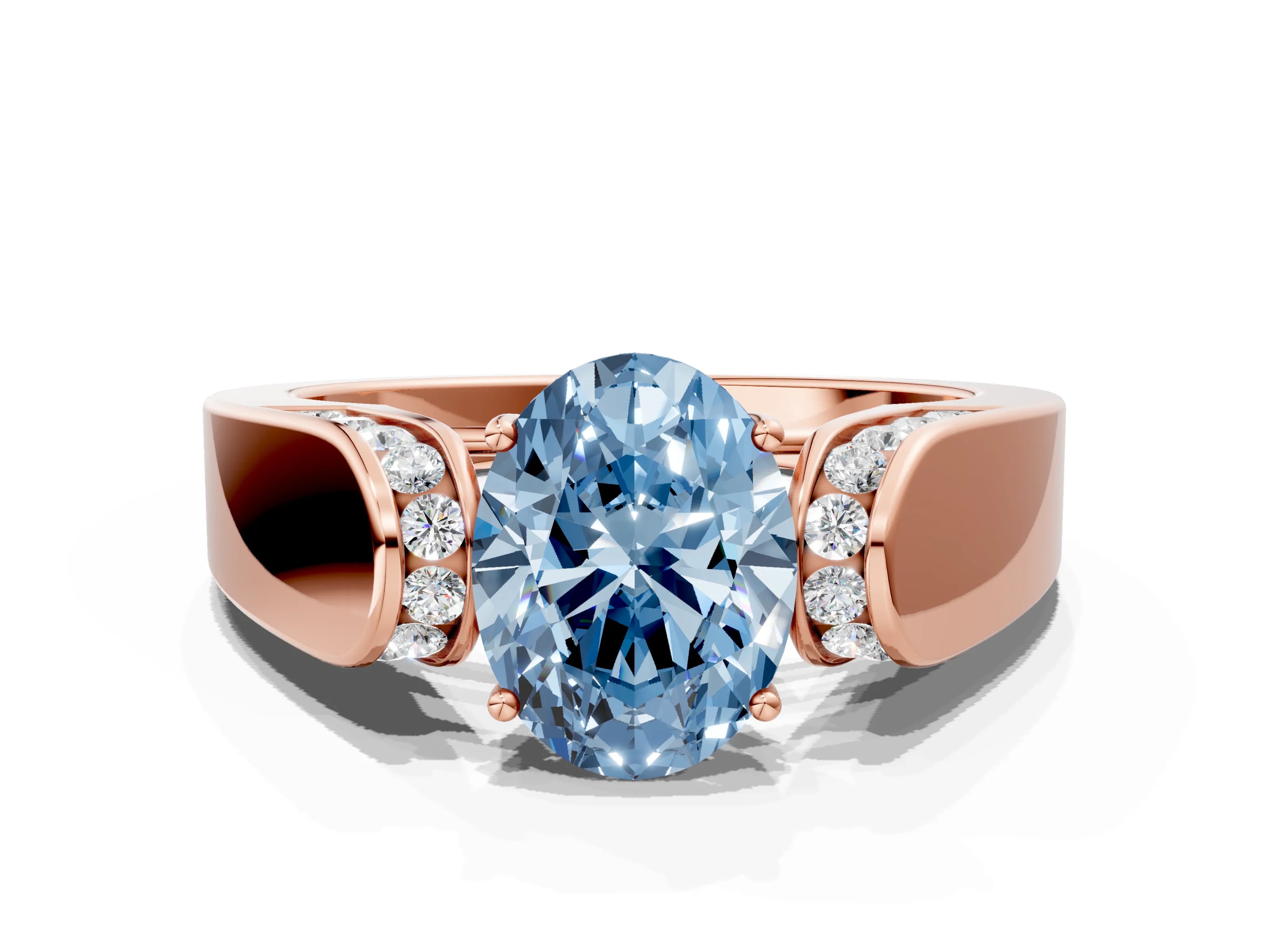 Rose gold Fancy Blue Oval Cut Cut Diamond Channel Set Solitaire Ring with Four-Prong Setting
