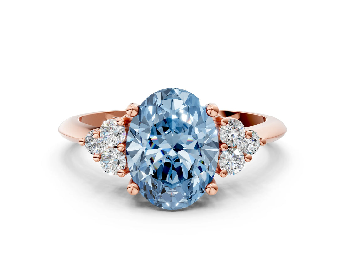Rose gold Fancy Blue Oval Cut Cut Diamond Cluster Ring with Solitaire Band and Four-Prong Setting