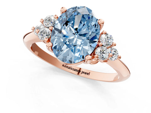 Rose gold Fancy Blue Oval Cut Cut Diamond Cluster Ring with Solitaire Band and Four-Prong Setting_1