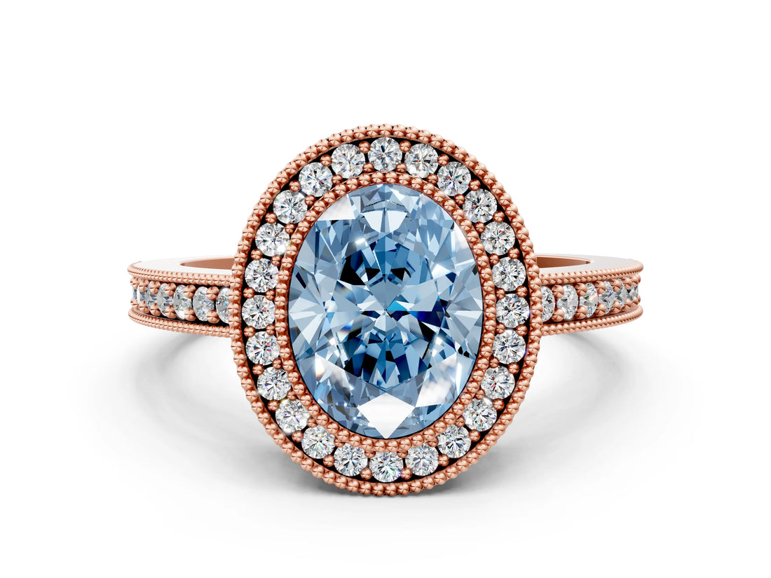 Rose gold Fancy Blue Oval Cut-Cut Diamond Halo Engagement Ring with Pave Band and Prong Setting