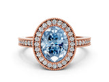 Rose gold Fancy Blue Oval Cut-Cut Diamond Halo Engagement Ring with Pave Band and Prong Setting