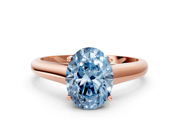 Rose gold Fancy Blue Oval Cut Cut Diamond Solitaire Engagement Ring with Tapered Plain Band and Four-Prong Setting