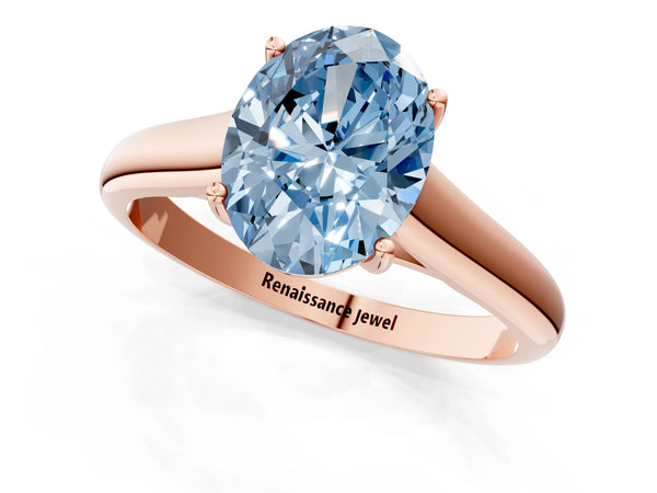 Rose gold Fancy Blue Oval Cut Cut Diamond Solitaire Engagement Ring with Tapered Plain Band and Four-Prong Setting