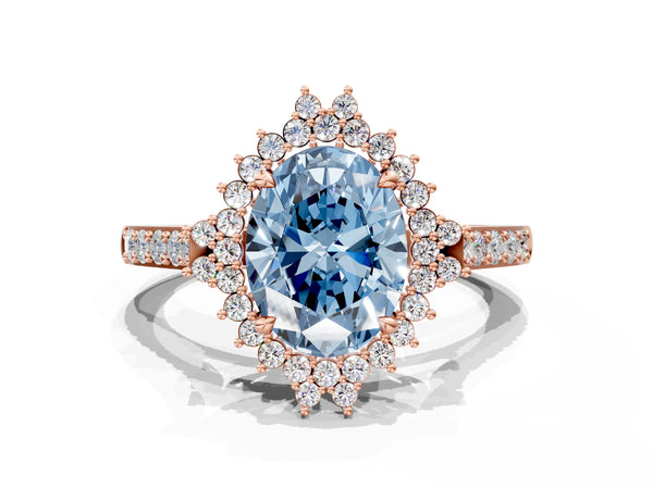 Rose gold Fancy Blue Oval Cut Cut Diamond Sunburst Halo Engagement Ring with Pavé Band