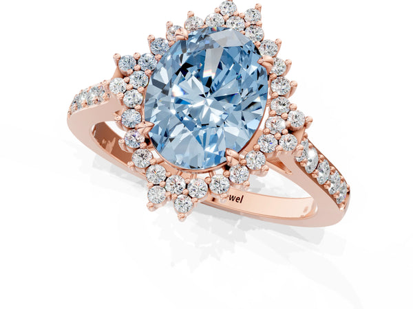 Rose gold Fancy Blue Oval Cut Cut Diamond Sunburst Halo Engagement Ring with Pavé Band
