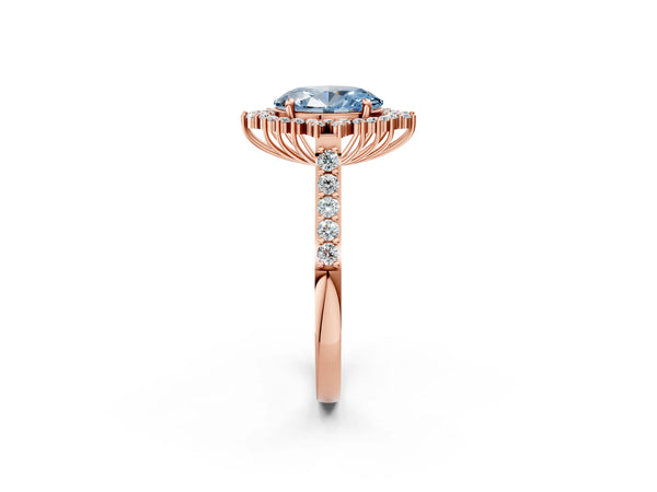 Rose gold Fancy Blue Oval Cut Cut Diamond Sunburst Halo Engagement Ring with Pavé Band