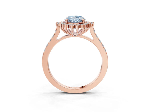 Rose gold Fancy Blue Oval Cut Cut Diamond Sunburst Halo Engagement Ring with Pavé Band