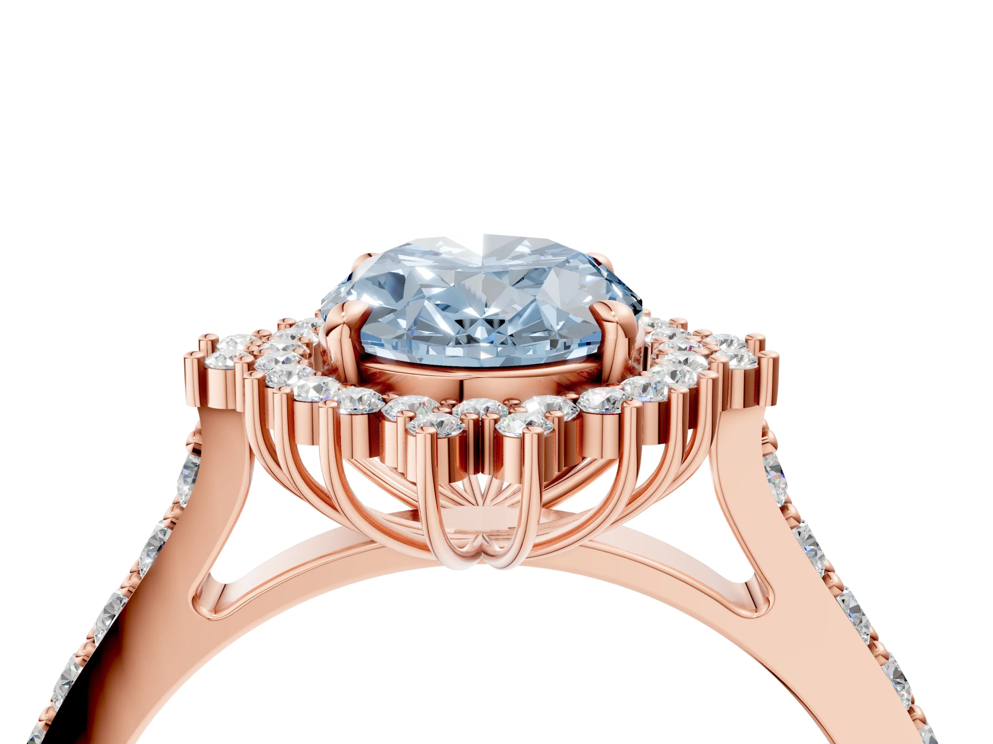 Rose gold Fancy Blue Oval Cut Cut Diamond Sunburst Halo Engagement Ring with Pavé Band_4