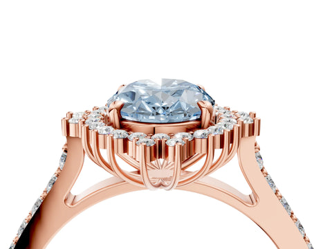 Rose gold Fancy Blue Oval Cut Cut Diamond Sunburst Halo Engagement Ring with Pavé Band_4