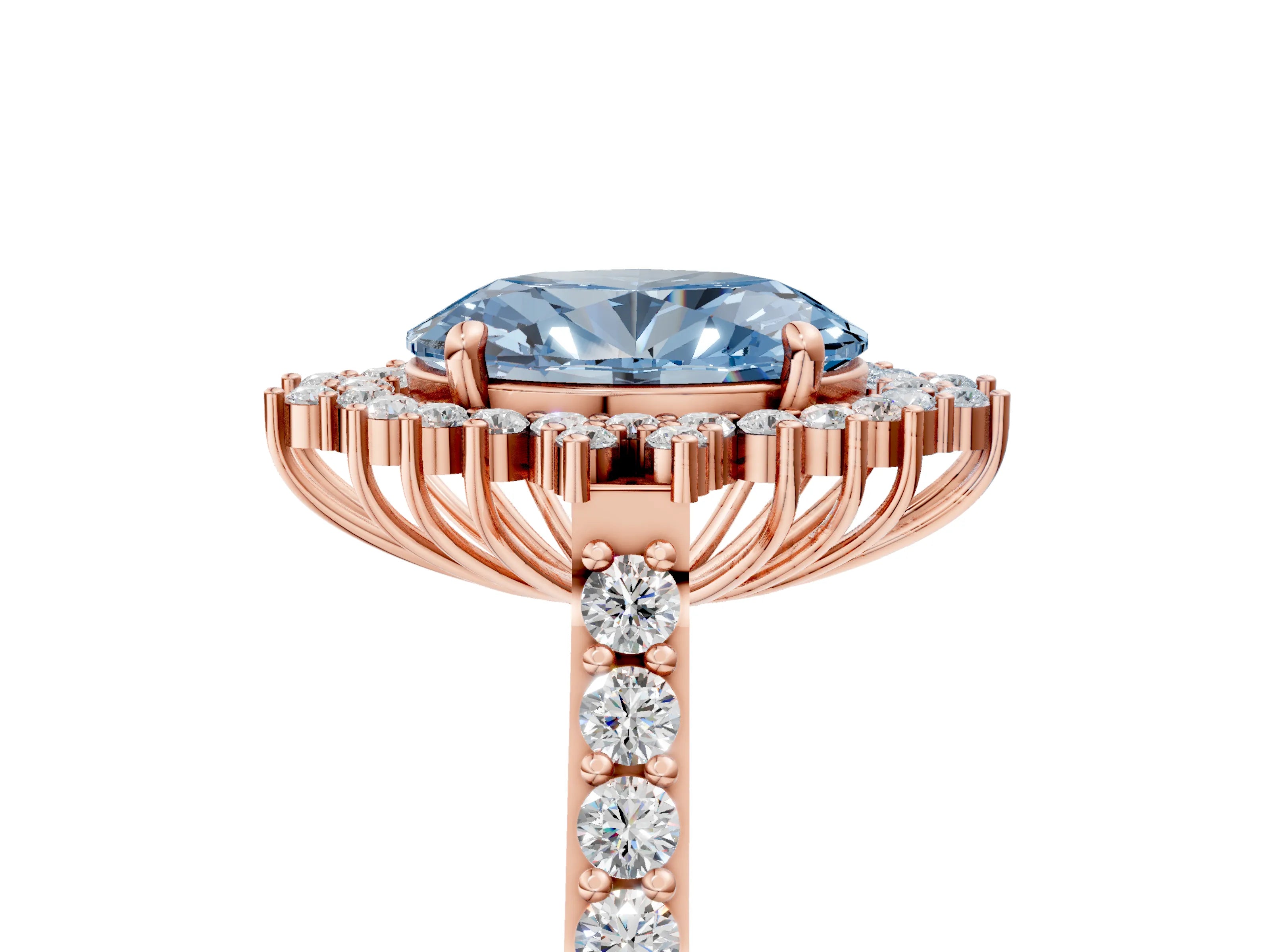 Rose gold Fancy Blue Oval Cut Cut Diamond Sunburst Halo Engagement Ring with Pavé Band_5