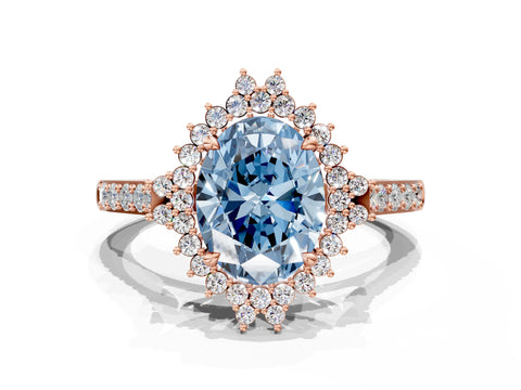 Rose gold Fancy Blue Oval Cut Cut Diamond Sunburst Halo Engagement Ring with Pavé Band
