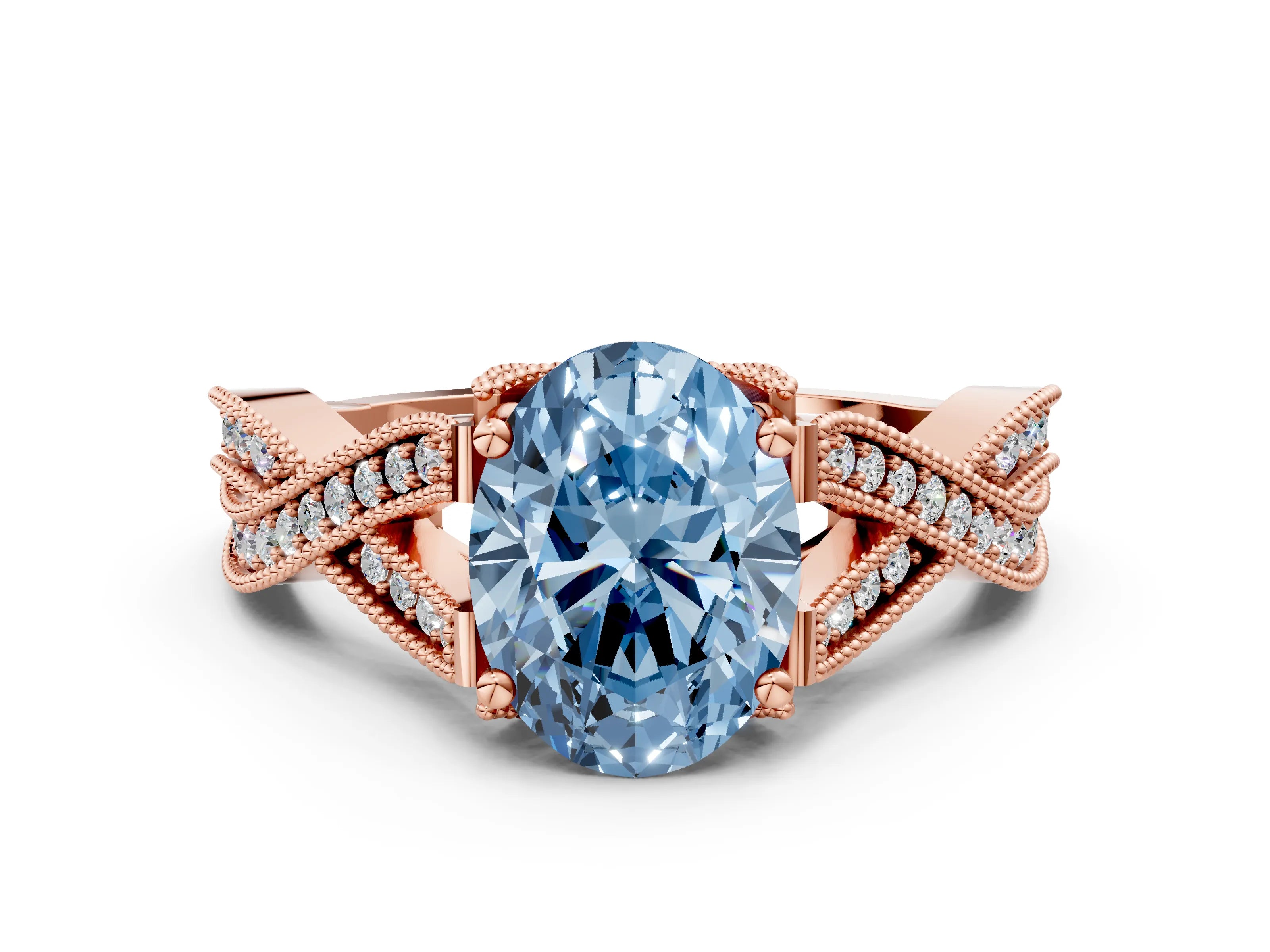 Rose gold Fancy Blue Oval Cut Cut Diamond Twisted Band with Milgrain Pave Setting and Four-Prong Setting
