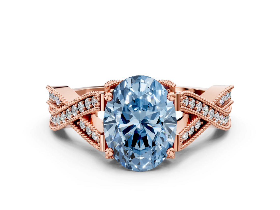 Rose gold Fancy Blue Oval Cut Cut Diamond Twisted Band with Milgrain Pave Setting and Four-Prong Setting