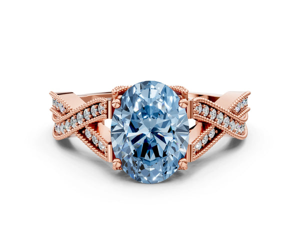 Rose gold Fancy Blue Oval Cut Cut Diamond Twisted Band with Milgrain Pave Setting and Four-Prong Setting
