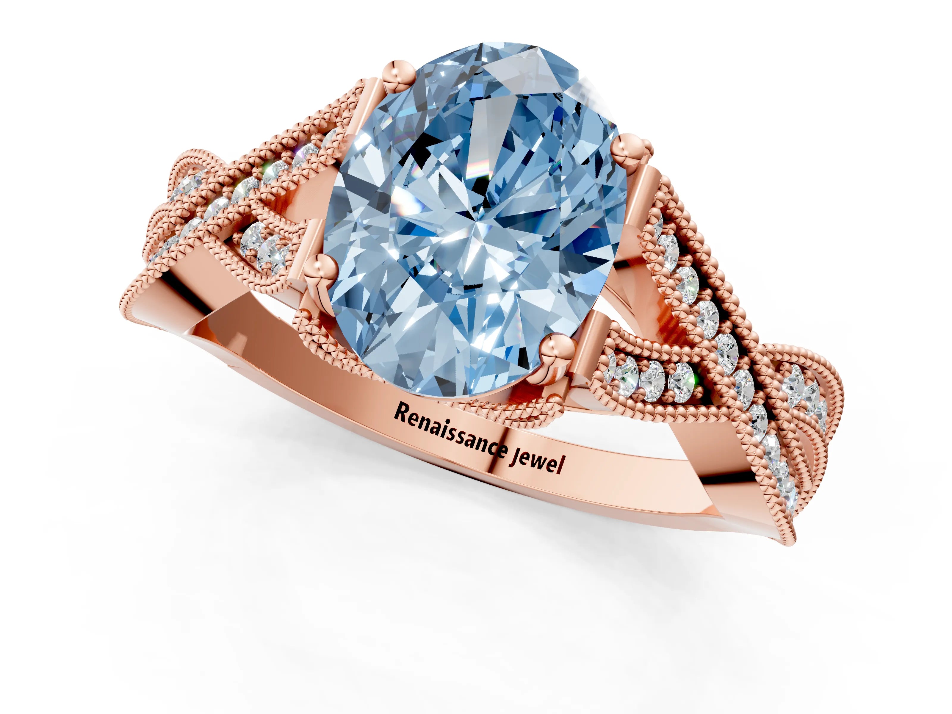 Rose gold Fancy Blue Oval Cut Cut Diamond Twisted Band with Milgrain Pave Setting and Four-Prong Setting_1