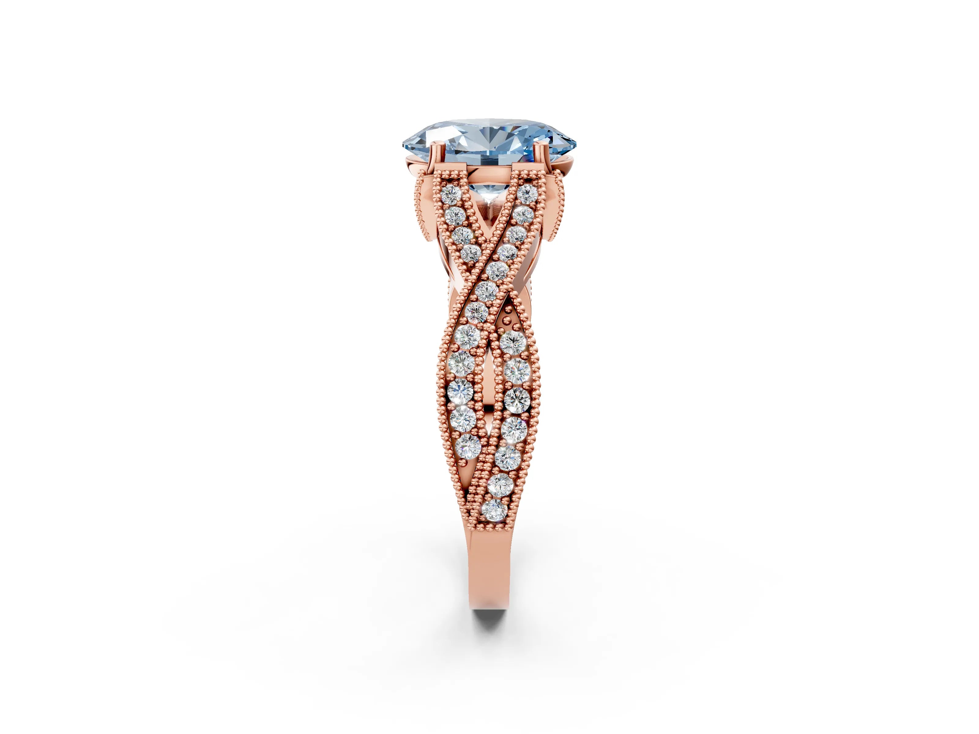 Rose gold Fancy Blue Oval Cut Cut Diamond Twisted Band with Milgrain Pave Setting and Four-Prong Setting_2