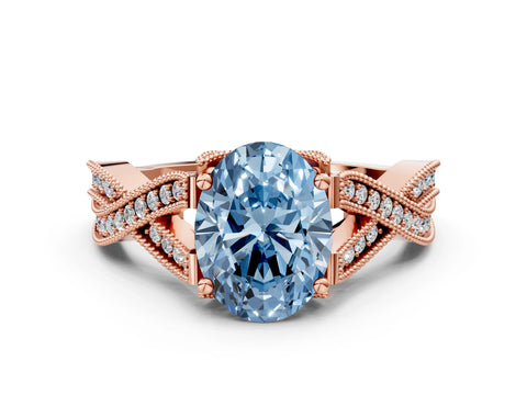 Rose gold Fancy Blue Oval Cut Cut Diamond Twisted Band with Milgrain Pave Setting and Four-Prong Setting