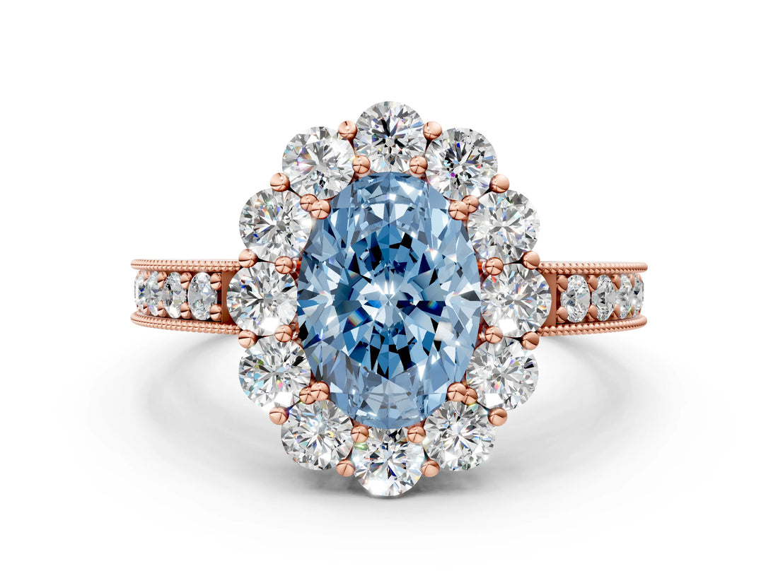 Rose gold Fancy Blue Oval Cut Cut Halo Diamond Pavé Engagement Ring with Milgrain Detailing