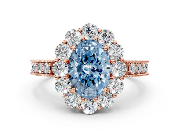 Rose gold Fancy Blue Oval Cut Cut Halo Diamond Pavé Engagement Ring with Milgrain Detailing
