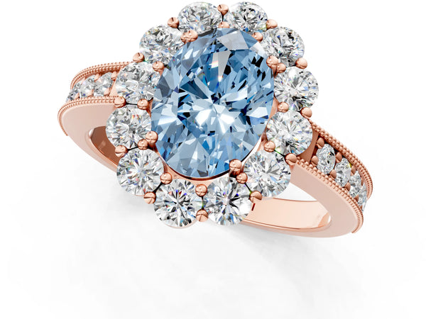 Rose gold Fancy Blue Oval Cut Cut Halo Diamond Pavé Engagement Ring with Milgrain Detailing
