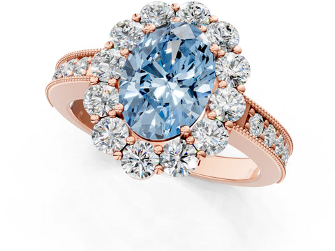 Rose gold Fancy Blue Oval Cut Cut Halo Diamond Pavé Engagement Ring with Milgrain Detailing_1