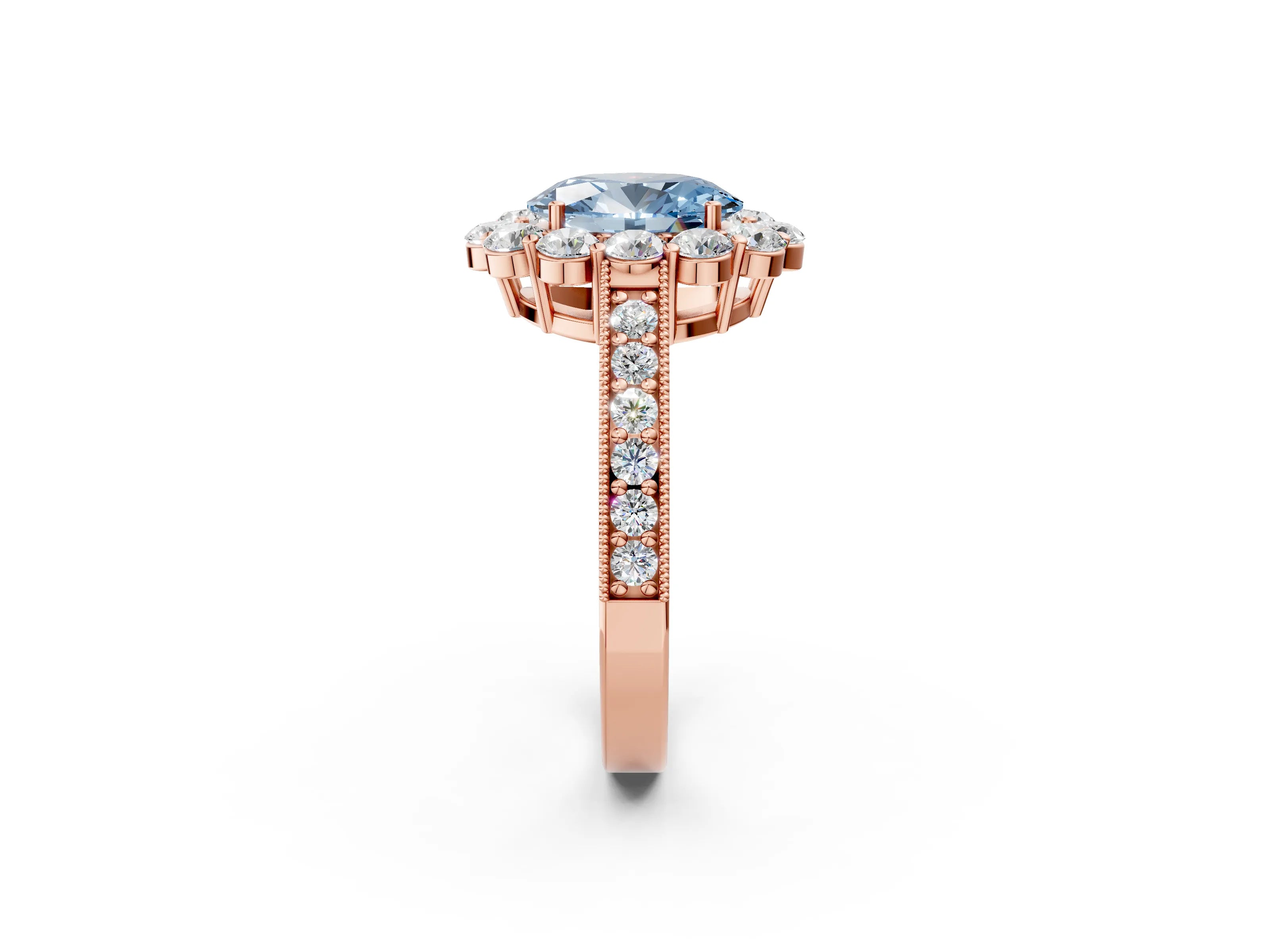 Rose gold Fancy Blue Oval Cut Cut Halo Diamond Pavé Engagement Ring with Milgrain Detailing_2