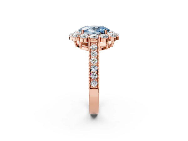 Rose gold Fancy Blue Oval Cut Cut Halo Diamond Pavé Engagement Ring with Milgrain Detailing