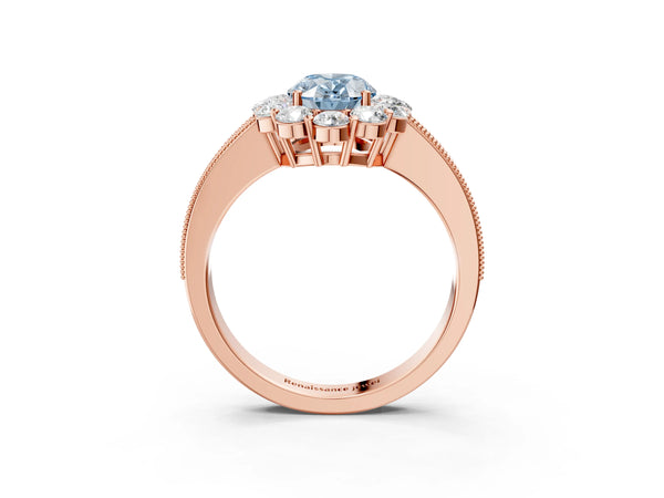 Rose gold Fancy Blue Oval Cut Cut Halo Diamond Pavé Engagement Ring with Milgrain Detailing
