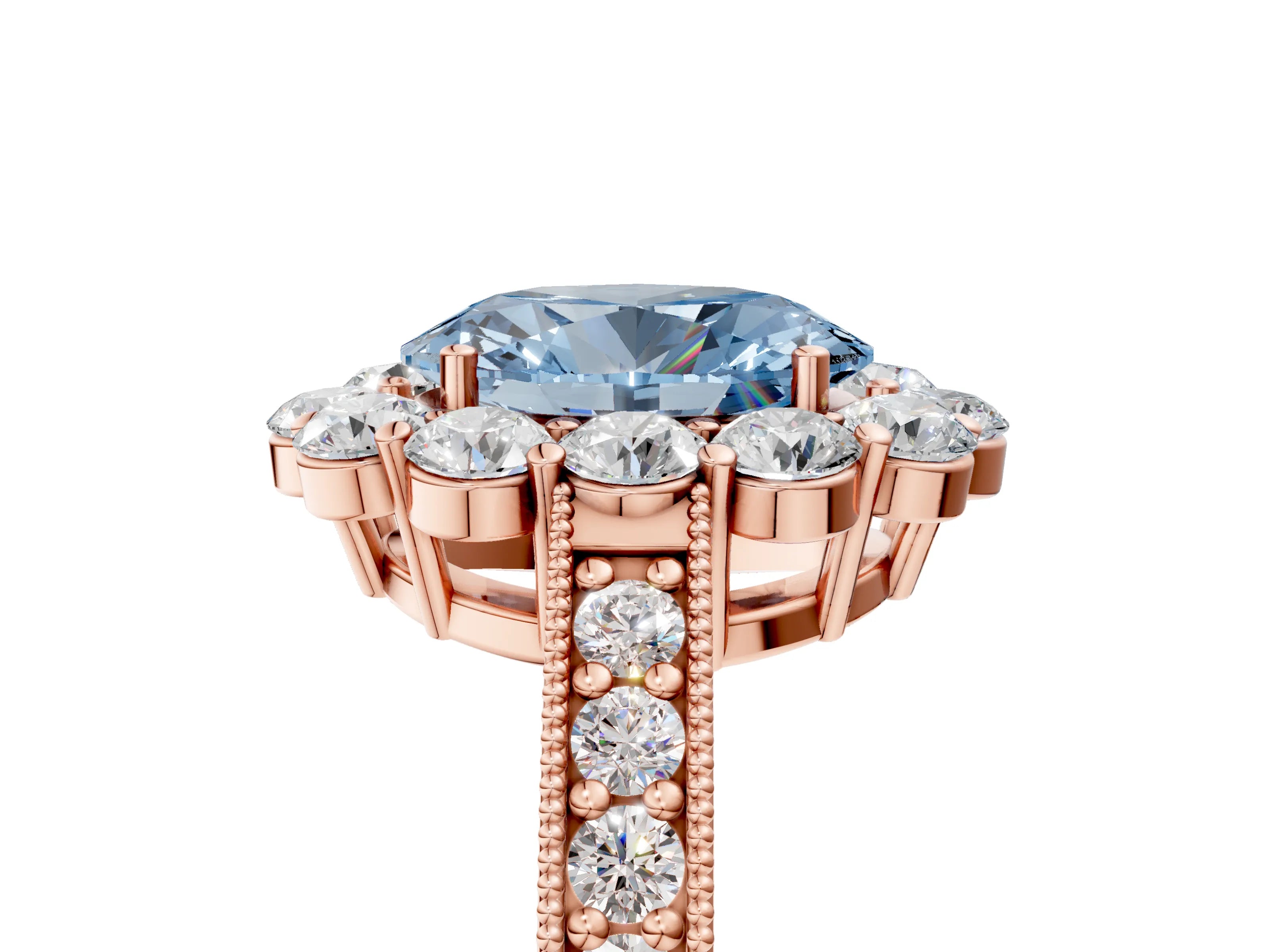 Rose gold Fancy Blue Oval Cut Cut Halo Diamond Pavé Engagement Ring with Milgrain Detailing_5