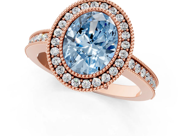 Rose Gold Oval Double Milgrain Halo Engagement Ring Setting for Fancy Blue Center