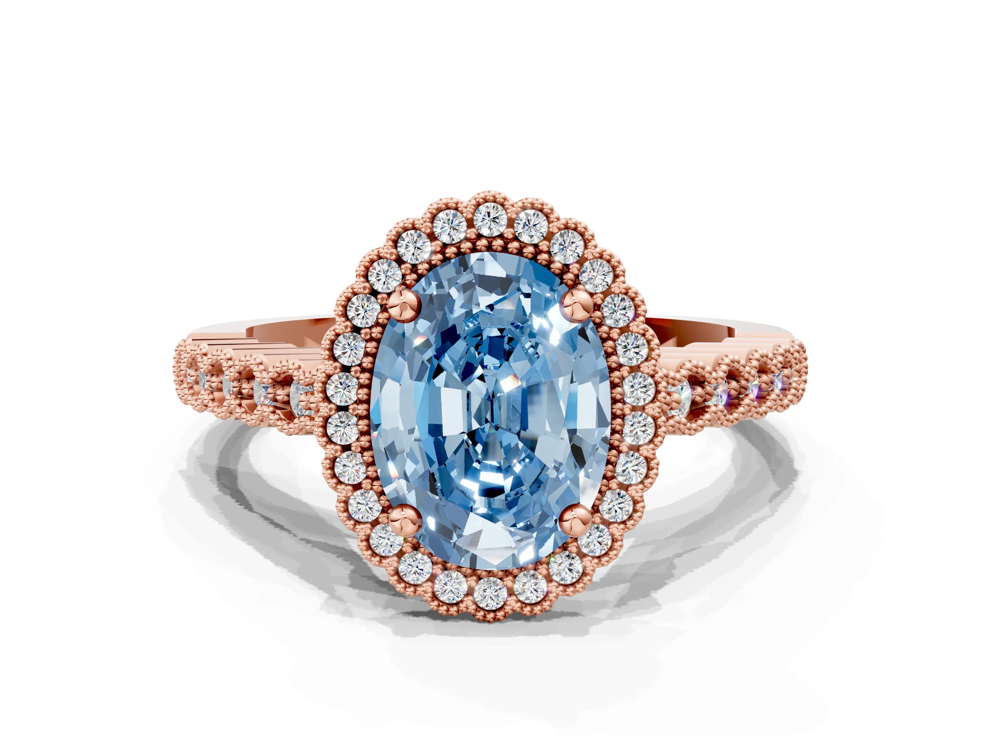 Rose gold Fancy Blue Oval Cut Cut Halo Pavé Solitaire Ring with Milgrain Band