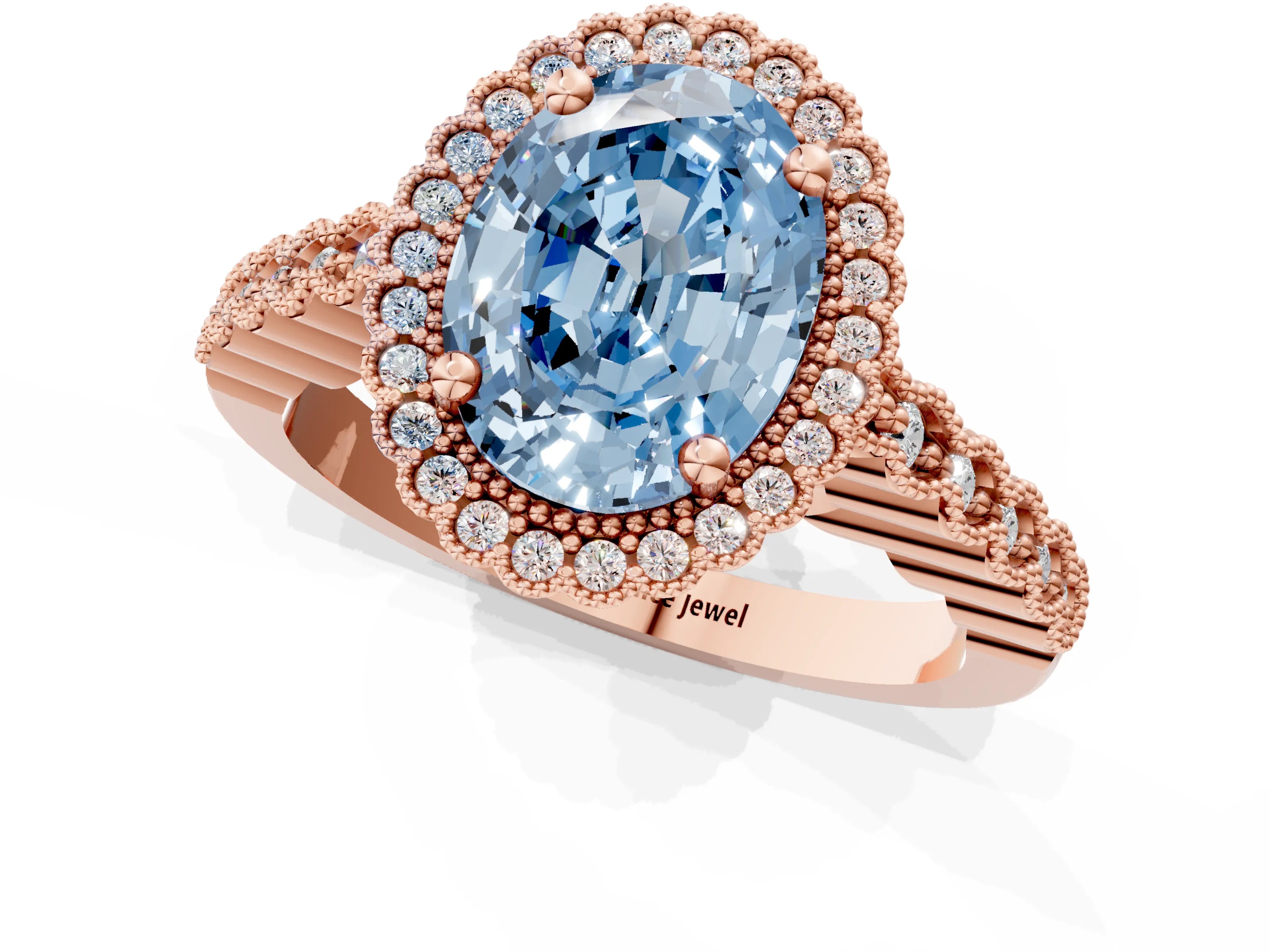Rose gold Fancy Blue Oval Cut Cut Halo Pavé Solitaire Ring with Milgrain Band_1