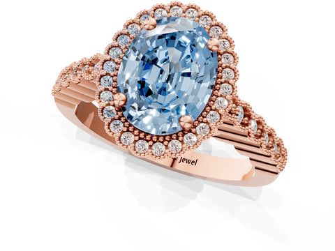 Rose gold Fancy Blue Oval Cut Cut Halo Pavé Solitaire Ring with Milgrain Band_1