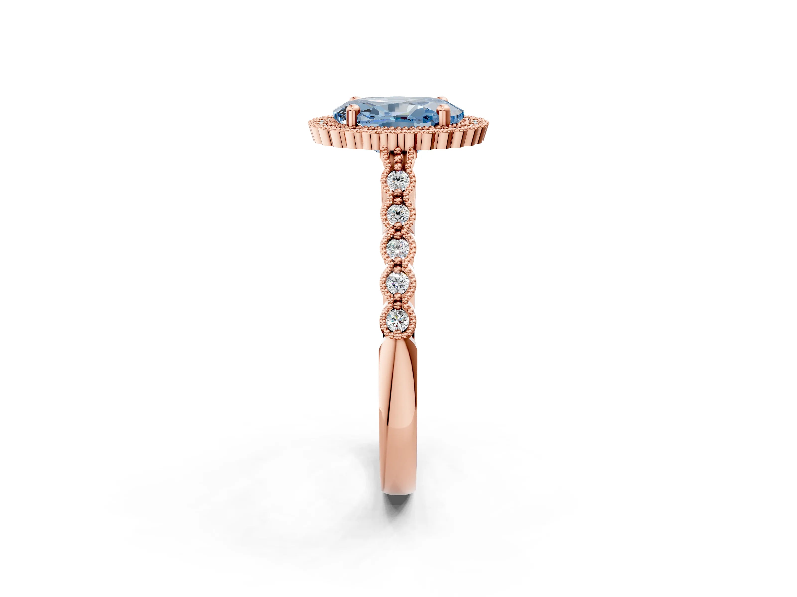 Rose gold Fancy Blue Oval Cut Cut Halo Pavé Solitaire Ring with Milgrain Band_2