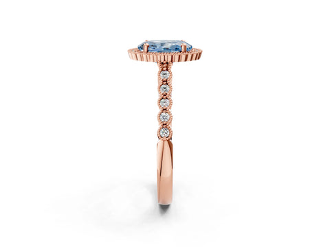 Rose gold Fancy Blue Oval Cut Cut Halo Pavé Solitaire Ring with Milgrain Band_2