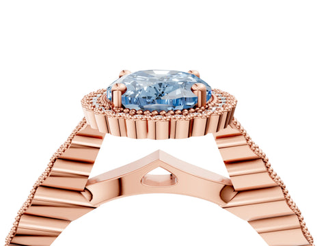 Rose gold Fancy Blue Oval Cut Cut Halo Pavé Solitaire Ring with Milgrain Band_4