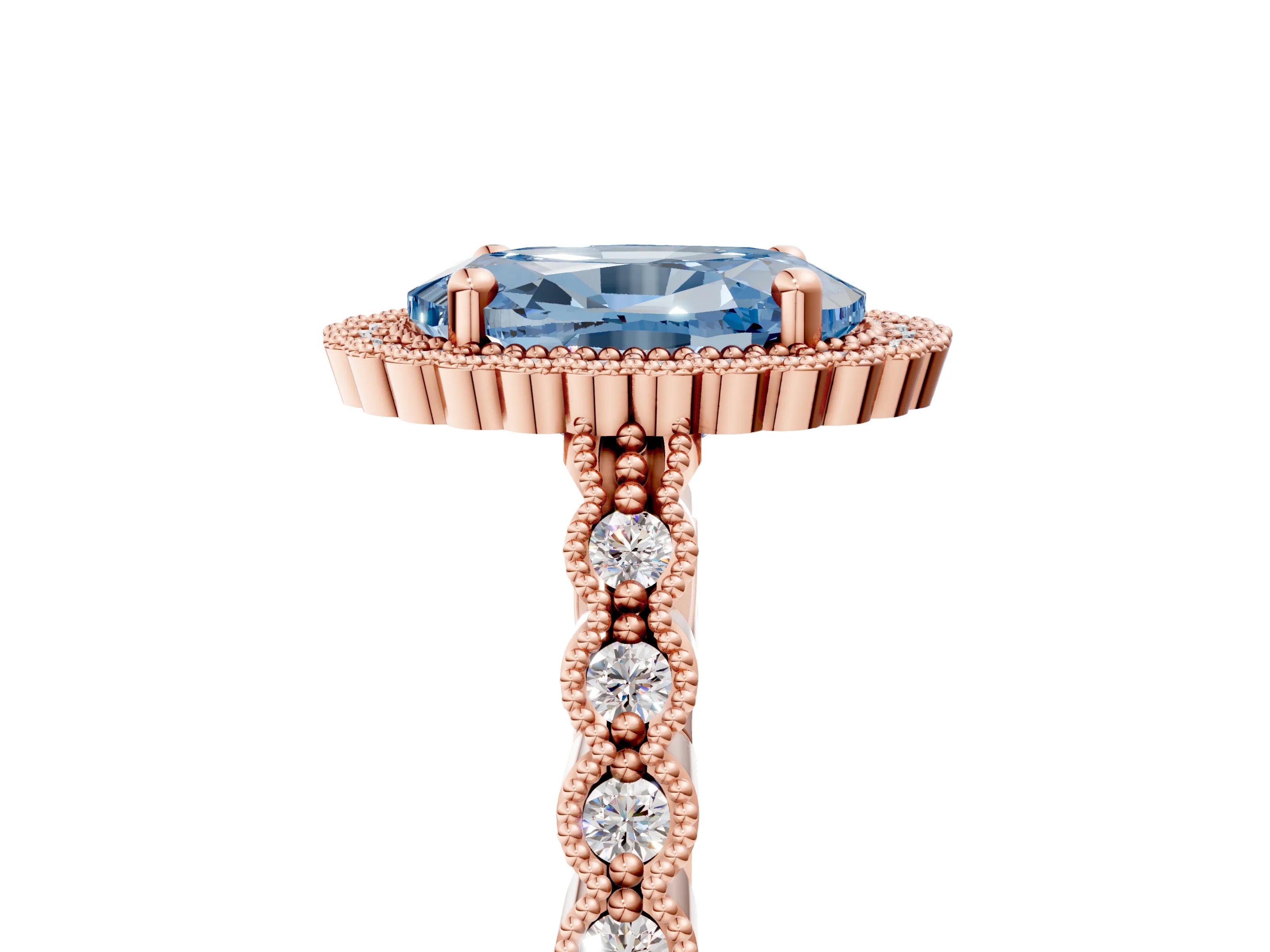 Rose gold Fancy Blue Oval Cut Cut Halo Pavé Solitaire Ring with Milgrain Band_5