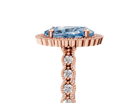 Rose gold Fancy Blue Oval Cut Cut Halo Pavé Solitaire Ring with Milgrain Band_5