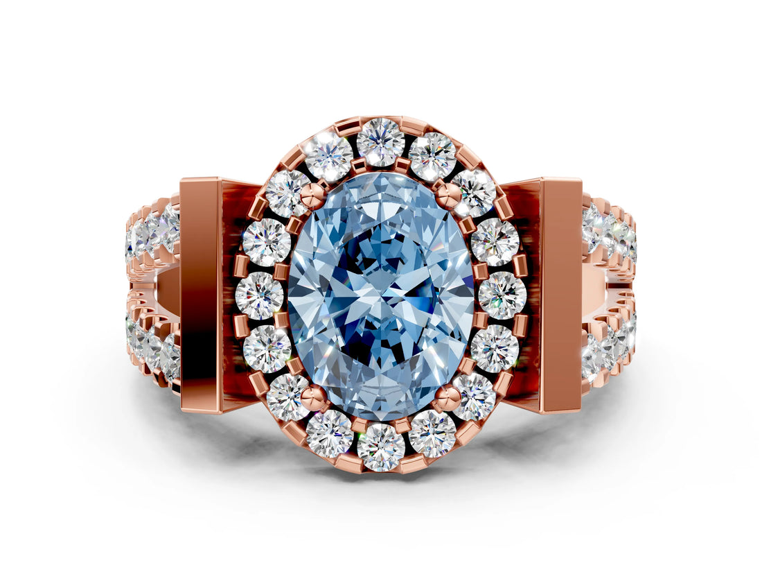 Rose gold Fancy Blue Oval Cut Cut Halo Split Shank Prong Set Ring
